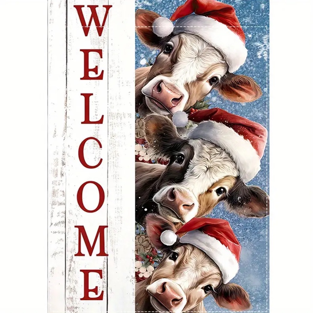 NIP 1pc, 12x18”  “Welcome” Cows in Santa Hats Flag Burlap, Double Sided